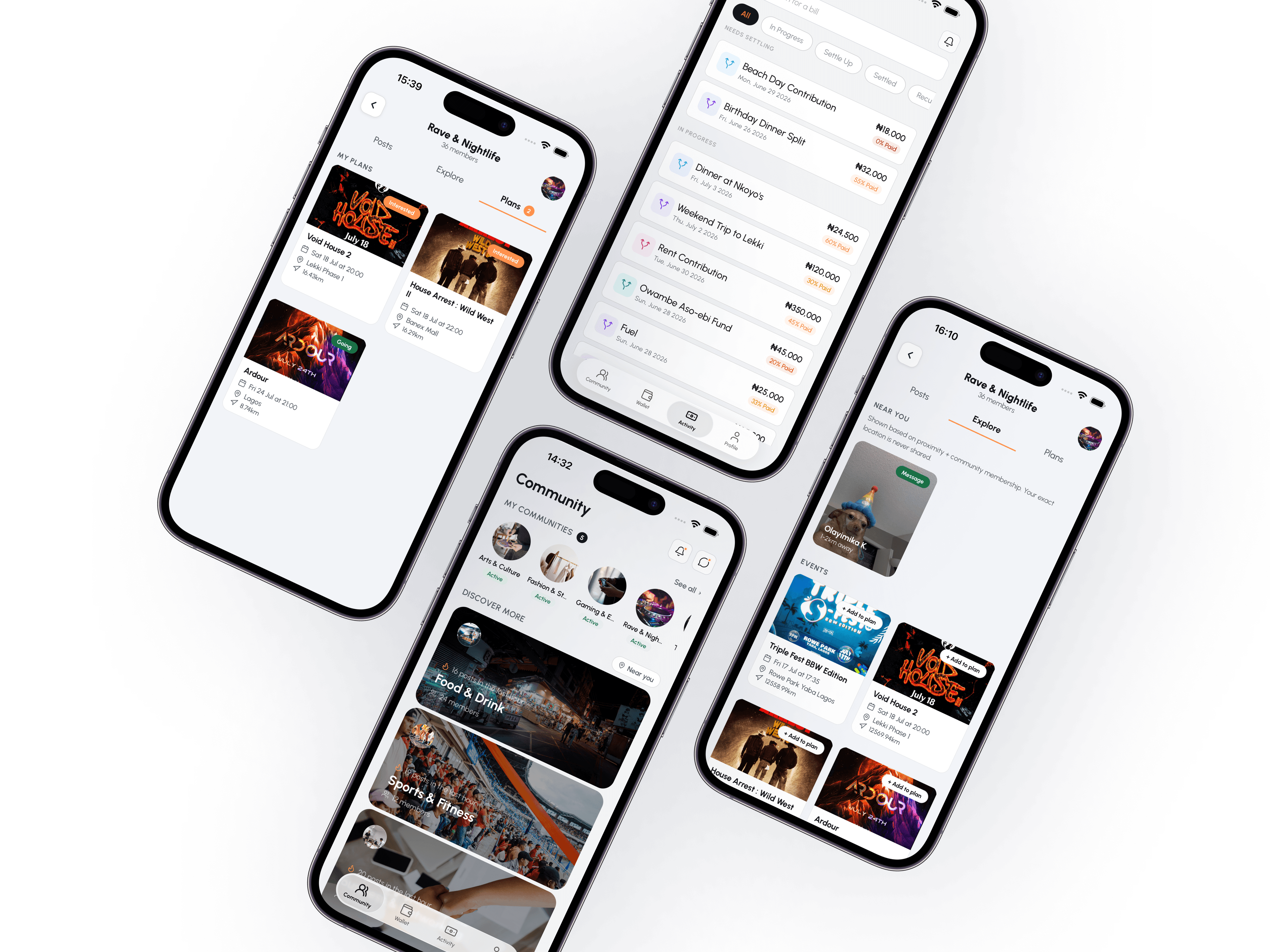 Divyd app screens showing communities, plans, and split bills