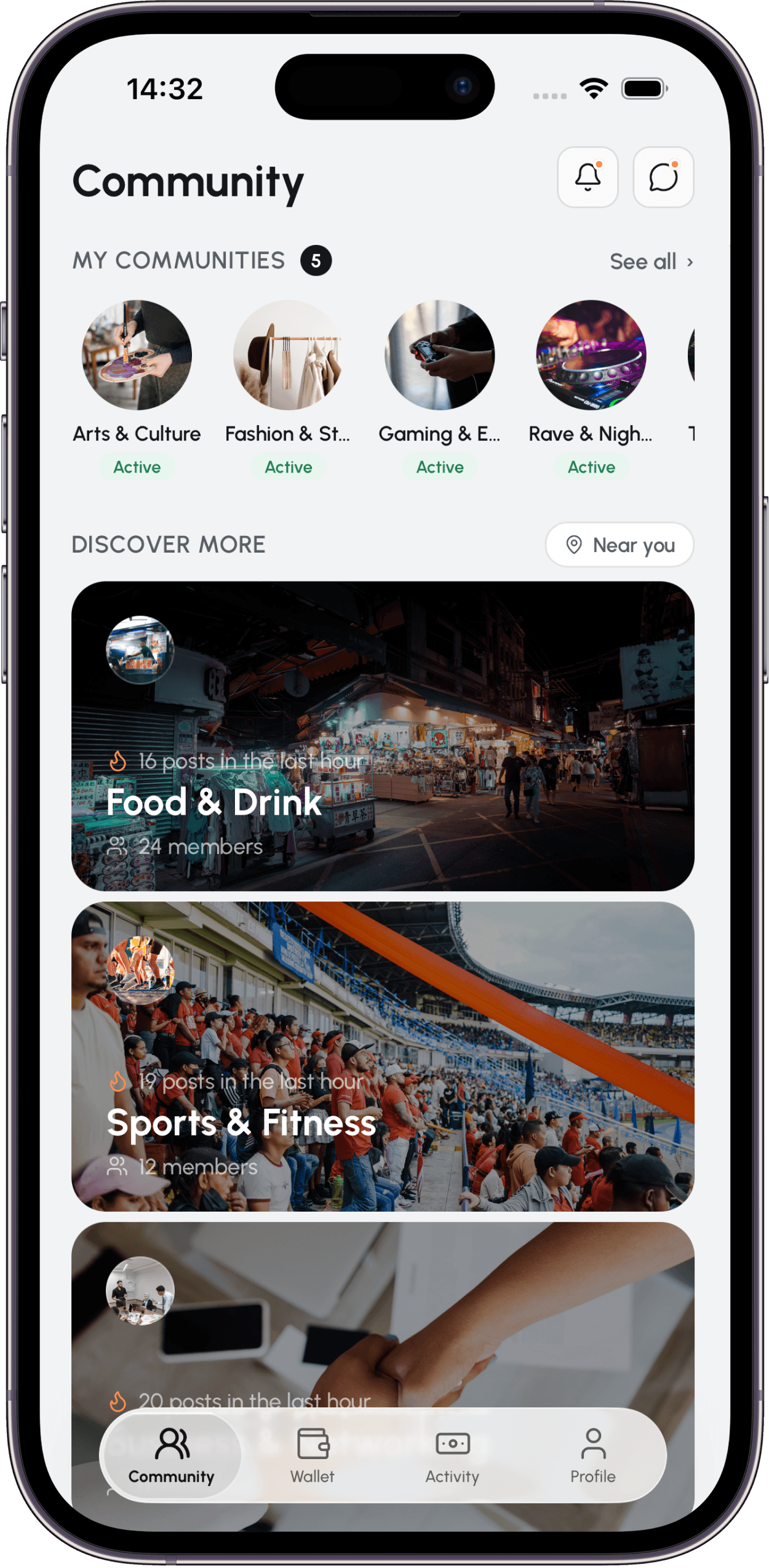 Divyd community screen showing nearby groups to join